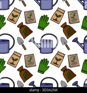 Schema vettoriale senza cuciture con affascinanti strumenti da giardinaggio disegnati a mano, tra cui lattine, pacchetti di semi, sacchetti per terreno, frattazzatrici a mano, e guanto verde Illustrazione Vettoriale