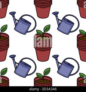 Motivo vettoriale senza cuciture di deliziose lattine da innaffiare e piantine in vaso in un affascinante stile disegnato a mano. Illustrazione Vettoriale