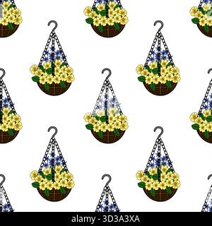 Motivo vettoriale senza cuciture di cestelli sospesi che traboccano di fiori gialli vivaci e delicati blu, su uno sfondo bianco pulito. Illustrazione Vettoriale