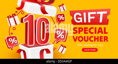 Banner luminoso con 10 buoni regalo speciali e confezioni regalo su sfondo giallo. Illustrazione vettoriale Illustrazione Vettoriale