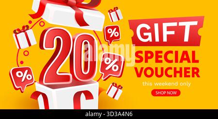 Buono speciale regalo 20 banner offerta. Sfondo giallo brillante per la promozione. Illustrazione vettoriale. Illustrazione Vettoriale