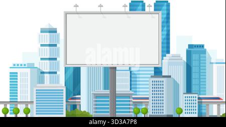 I cartelloni pubblicitari vuoti si stagliano su uno sfondo di grattacieli ed edifici urbani, perfetti per progetti pubblicitari, di marketing o promozionali isolati su un'illustrazione vettoriale su sfondo bianco Illustrazione Vettoriale