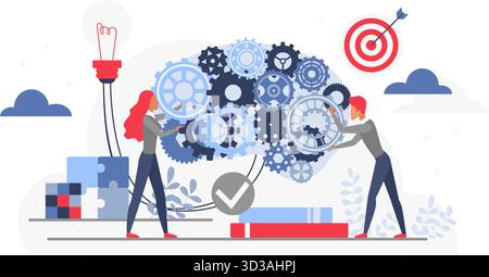 Gli uomini d'affari collaborano per generare idee con ingranaggi che formano un cervello che simboleggia il lavoro di squadra, l'innovazione e il pensiero creativo per la risoluzione dei problemi isolata su un'illustrazione vettoriale su sfondo bianco Illustrazione Vettoriale