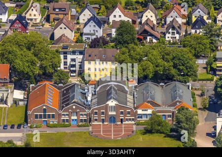 Vista aerea delle sale Flottmann a Herne, zona della Ruhr, Renania settentrionale-Vestfalia, Germania. Le Flottmann Halls sono un centro culturale ed eventi, oltre che un centro di Foto Stock