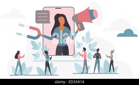 Donna con megafono e magnete sullo schermo dello smartphone che attrae persone diverse che utilizzano dispositivi mobili, simboleggiando l'influenza digitale, la comunicazione online e l'illustrazione del vettore di crescita del pubblico Illustrazione Vettoriale