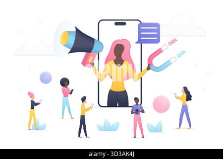 Gli influencer moderni utilizzano il megafono magnetico attirano il pubblico online diversificato attraverso dispositivi mobili il marketing digitale perfetto i concetti di comunicazione sui social media l'illustrazione vettoriale. Illustrazione Vettoriale