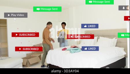 Disimballaggio della coppia accanto al letto king size in camera da letto, con box e copertura social media Foto Stock