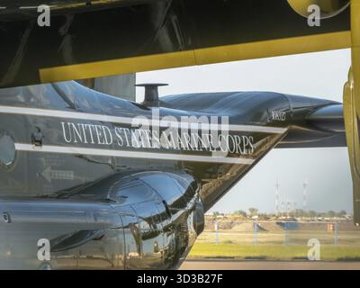 Calgary, Alberta, Canada. 16 giugno 2025. Un primo piano di un aereo del corpo dei Marines degli Stati Uniti, che rivela le insegne DEL CORPO DEI MARINES DEGLI STATI UNITI sulla sua fusoliera Foto Stock
