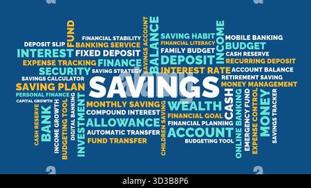 Concetto di cloud Word in background blu di risparmio finanziario investimenti bancari Illustrazione Vettoriale