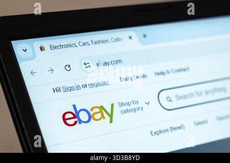 New York, USA - 7 gennaio 2025: Homepage del sito eBay con negozi online e servizi di aste Foto Stock