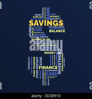 Concetto di forma del simbolo del dollaro di Word Cloud per la finanza del risparmio investimenti bancari Illustrazione Vettoriale