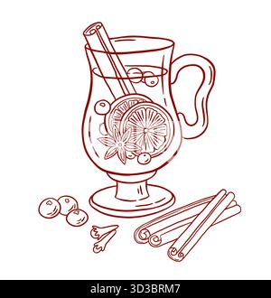 VIN brulé retrò disegnato a mano con illustrazione di cannella e vettore di spezie. Clipart del tè caldo vintage. Drink invernale Illustrazione Vettoriale