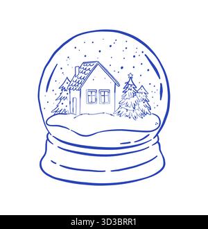 Mappamondo di neve di Natale disegnato a mano d'epoca con illustrazione vettoriale della casa e dell'albero di Natale. Decorazioni per le vacanze invernali Illustrazione Vettoriale