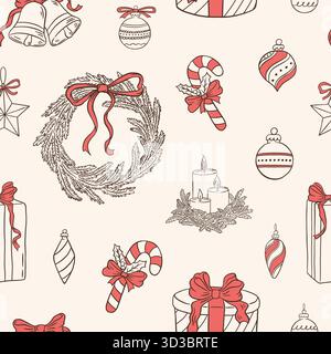 Elementi decorativi natalizi trafilati a mano retrò motivo senza cuciture. Illustrazioni vettoriali di Capodanno vintage. Carta da imballaggio natalizia Illustrazione Vettoriale