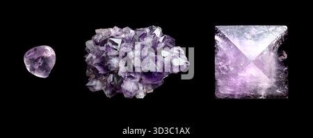 Ametista, pietra rovesciata, ammasso e piramide, primo piano, dall'alto, isolato, sul nero. Pietra semipreziosa, una varietà di quarzo, SiO2. Foto Stock