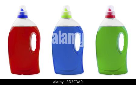 Alimenti, sapone liquido verde, rosso e blu o detergente in un flacone di plastica Foto Stock