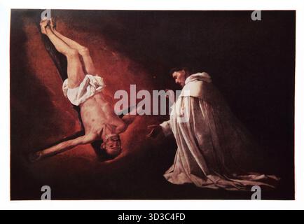 Illustrazione del San Pietro Nolasco inginocchiato davanti alla visione dell'apostolo Crocifisso San Pietro. San Pietro Nolasco fu il fondatore della o Foto Stock