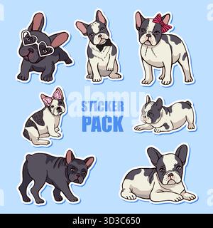 Bulldog francese. il pacchetto di adesivi con il simpatico cane animale in azione posa opere d'arte originali Illustrazione Vettoriale