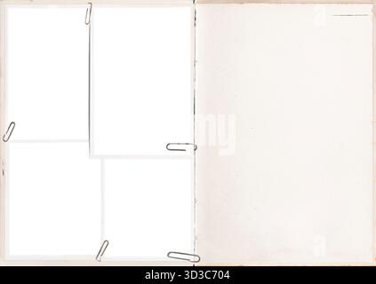 Pagine di un libro vintage con cornici fotografiche vuote attaccate con graffette. Foto Stock