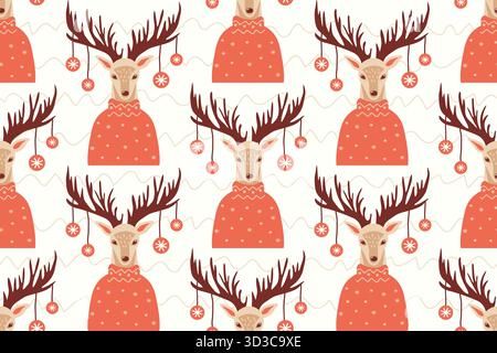 Motivo natalizio senza cuciture con graziose renne in maglioni lavorati a maglia e decorazioni sull'albero di Natale sui loro palchi. Ritratti di animali disegnati a mano. Sfondo di vacanza etnico. Illustrazione Vettoriale