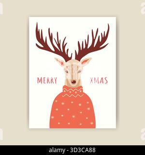 Ritratto natalizio di una renna disegnato a mano in un maglione rosso lavorato a maglia. Stampa natalizia con un simpatico animale per l'arredamento di Capodanno. Cartolina pronta per l'uso in uno stile minimalista. Illustrazione Vettoriale