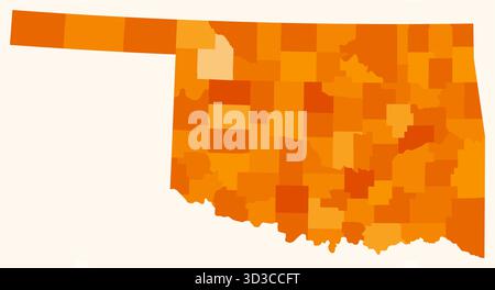 Illustrazione vettoriale di una mappa vuota dell'Oklahoma con contee, con un semplice confine di stato e divisioni amministrative in una tavolozza di colori arancione. Illustrazione Vettoriale