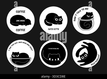 Sagome per perni con gatti neri. Il gatto presenta varie emozioni. Look da gattino nero, adesivi o etichette con testo divertente. Carini animali domestici clipart vettoriale Illustrazione Vettoriale