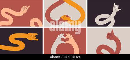Il cartone animato allunga le mani. Mano umana design flessibile, vari gesti. Forma astratta braccio in gomma, stretta di mano, segno cardiaco, pollice in alto, design vettoriale Illustrazione Vettoriale