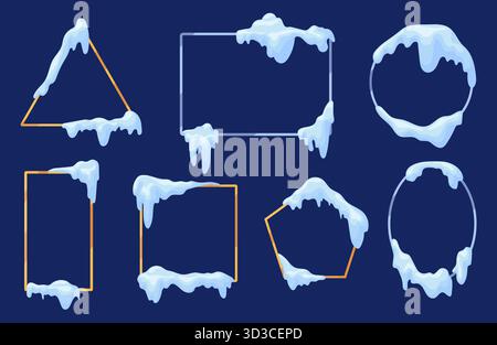 Telai delle protezioni antineve. Cornice invernale effetto tetto innevato, ghiaccioli sciolti bordo ghiaccio artico ghiacciato anello di ghiaccio bordo fiocco di neve natale bordi forma cerchio striscione astratto de Illustrazione Vettoriale