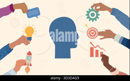 Concetto di mappa mentale del lavoro di squadra creativo per una strategia aziendale innovativa e la risoluzione dei problemi Illustrazione Vettoriale