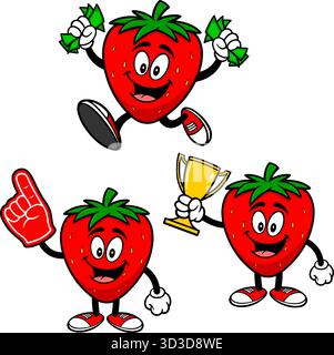 Strawberry Mascot Set 03, illustrazioni disegnate a mano di Strawberry Mascot in varie pose. Illustrazione Vettoriale
