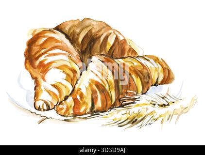 Tre croissant francesi ad acquerello disegnati a mano su un piatto, isolati su sfondo bianco Foto Stock