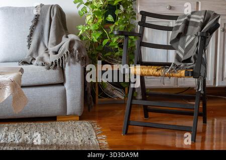 Intimo interno del soggiorno con divano grigio e guarnitura, rustica sedia in legno nero con sedile in paglia, tappeto in tessuto, pavimento in legno lucido e pianta verde per un Foto Stock