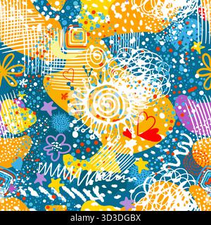 Sfondo senza cuciture astratto colorato e luminoso per bambini per imballaggi, tessuti, decorazioni, decorazioni per bambini. Disegnato a mano. Non IA, vettore Illustrazione Vettoriale