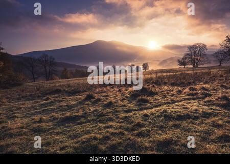 Alba al mattino nebbioso nebbia in Bieszczady Carpazi in Polonia Foto Stock
