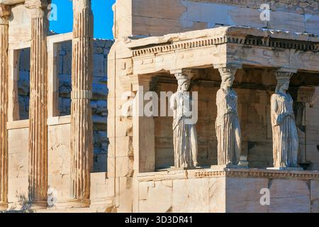 Portico delle cariatidi, Eretteo Tempio Acropoli di Atene, Grecia, Europa Foto Stock