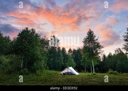 Tenda bianca per turisti con attrezzatura da campeggio in radura erbosa sullo sfondo di fitti alberi. Il cielo risplende di vivaci sfumature di arancione e rosa al tramonto, creando un'atmosfera serena sul tranquillo campeggio. Foto Stock