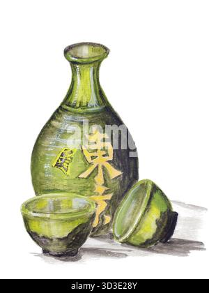 Vino di riso giapponese - concetto di sake. Bottiglia di argilla e tazze per un drink. Illustrazione di pittura acrilica fatta a mano STILL Life su sfondo artistico di carta bianca Foto Stock