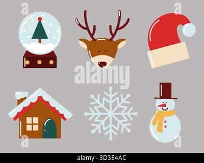 Inverno pianeggiante con neve, renne, cappello di Babbo Natale, fiocco di neve e pupazzo di neve. Illustrazione isolata vettoriale. Illustrazione Vettoriale