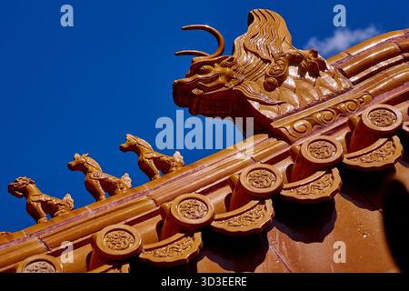 Primo piano delle statuette dei guardiani del tetto nella città Proibita di Pechino Foto Stock