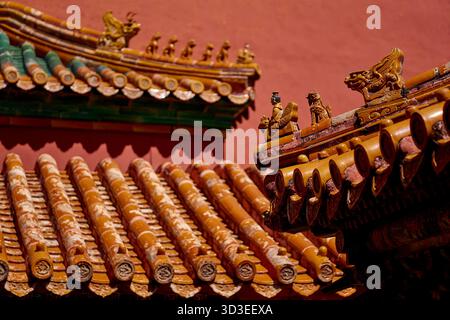 Primo piano delle statuette dei guardiani del tetto nella città Proibita di Pechino Foto Stock