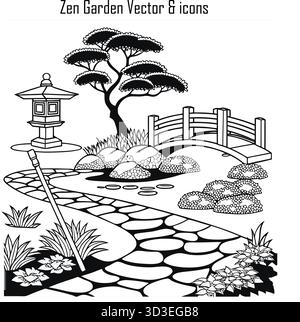 Tranquillo giardino Zen con pietre e sabbia rastrellata Illustrazione Vettoriale