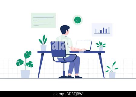 Uomo che lavora su un computer portatile alla scrivania nell'ufficio domestico illustrazione vettoriale Illustrazione Vettoriale