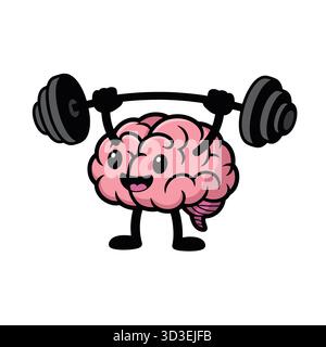 Illustrazione dei pesi per il sollevamento del cervello dei cartoni animati per la forza mentale e il fitness Illustrazione Vettoriale