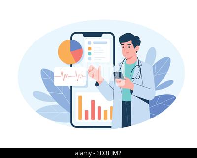 Medico che utilizza l'app mobile per l'analisi sanitaria e la gestione dei pazienti Illustrazione Vettoriale