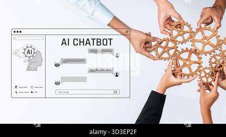 Il lavoro di squadra dinamico viene dimostrato con le mani e gli attrezzi, sottolineando l'innovazione nella tecnologia chatbot ai e promuovendo la comunicazione interattiva per Foto Stock