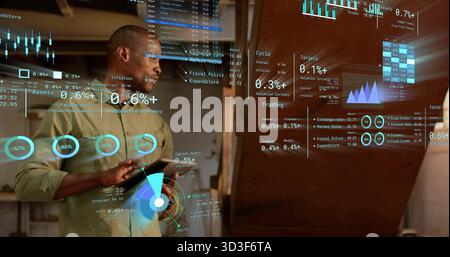 Analisi dei dati, analista che tiene un tablet in un ufficio rustico che mostra grafici olografici e spazio di copia Foto Stock