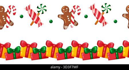 Allegri bordi natalizi senza interruzioni con biscotti al pan di zenzero, canne di caramelle, lecca lecca e scatole regalo. Questo colorato design natalizio è perfetto per h Illustrazione Vettoriale