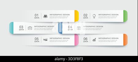Moderno modello infografico sulla timeline con 6 passaggi colorati. Illustrazione Vettoriale