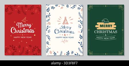 buon natale e felice anno nuovo biglietti d'auguri set di modelli di design. Illustrazione Vettoriale